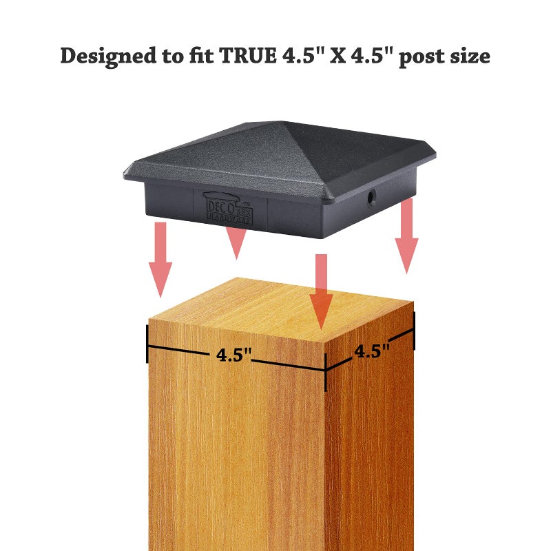 Decorex Hardware 4.5" x 4.5" Heavy Duty Aluminium Pyramid Post Cap for True/Actual 4.5" x 4.5" Wood Posts - Black (Works ONLY with Actual 4.5" x 4.5" Posts. Will NOT Work with Actual 5" x 5" Posts) - Image 4